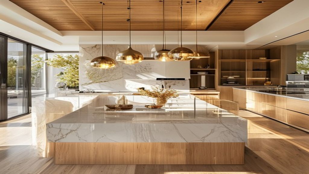 A sunlit, immaculately clean luxury kitchen and living space in Indianapolis